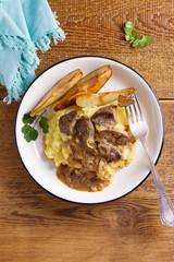 Beef liver with pears and mashed potato. View from above, top studio shot