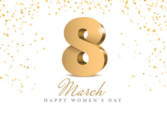 International women's day. Gold number 8 in 3d. Poster template for Celebrating Happy Mother's Day event party. Vector illustration