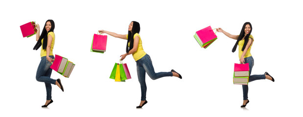 Woman with shopping bags isolated on white