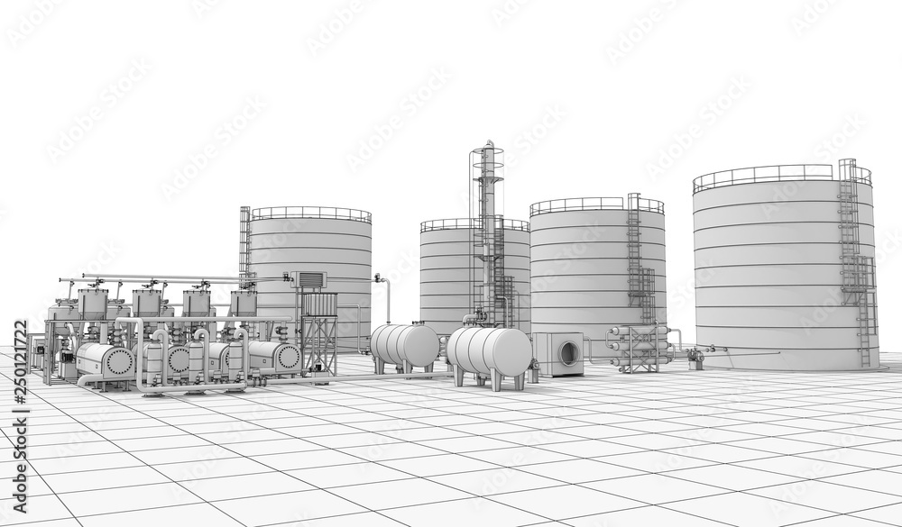 Wall mural oil refinery, chemical production, waste processing plant, exterior visualization, 3D illustration