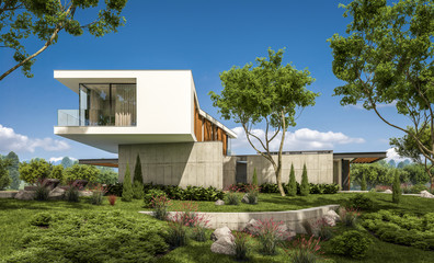 Fototapeta na wymiar 3d rendering of modern cozy house on the hill with garage and pool for sale or rent with beautiful landscaping on background. Clear sunny summer day with blue sky.