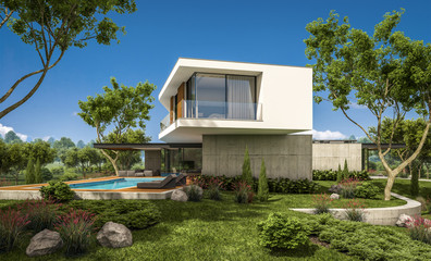 Fototapeta na wymiar 3d rendering of modern cozy house on the hill with garage and pool for sale or rent with beautiful landscaping on background. Clear sunny summer day with blue sky.