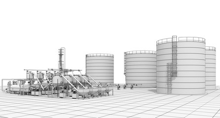 oil refinery, chemical production, waste processing plant, exterior visualization, 3D illustration