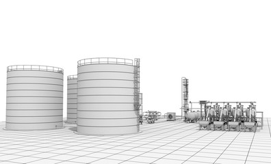 oil refinery, chemical production, waste processing plant, exterior visualization, 3D illustration