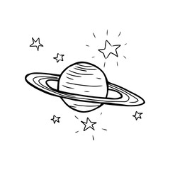 Cartoon style vector illustration of saturn planet and stars. Great design elements for sticker, card, print or poster. Unique and fun drawing isolated on white background