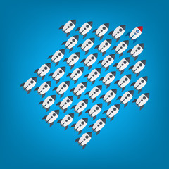 Red rocket as a leader among others, leadership, teamwork, motivation, stand out of the crowd concept, EPS10 vector