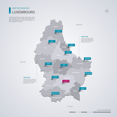 Luxembourg vector map with infographic elements, pointer marks.