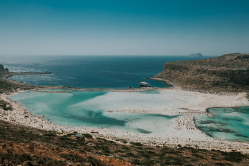 Sea lagoon with clear turquoise water view from the hill. Balos bay on Crete island, Greece.