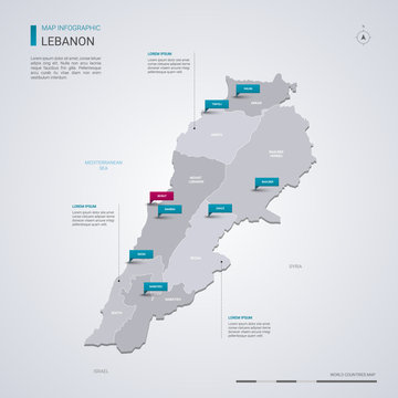 Lebanon vector map with infographic elements, pointer marks.