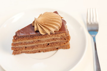 A piece of delicious chocolate birthday layer cake dessert with chocolate cream decoration on a white plate meny style