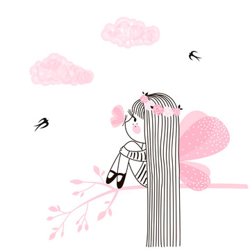 Cute little fairy girl with long hair sitting on tree branch with butterfly on her nose. Vector doodle illustration in pink colour for girlish designs like textile apparel print, wall art, poster