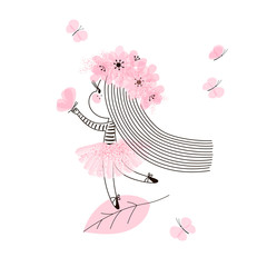 Cute little fairy girl with long hair standing on tree leaf and playing with butterfly. Vector doodle illustration in pink colour for girlish designs like textile apparel print, wall art, poster