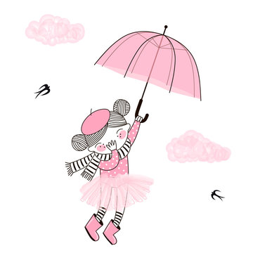 Cute Little Girl In Pink Ballerina Skirt And Stripy Scarf Flying Away In The Sky With Her Pink Umbrella. Vector Funny Doodle Illustration For Girlish Designs Like Textile Apparel Print, Wall Art