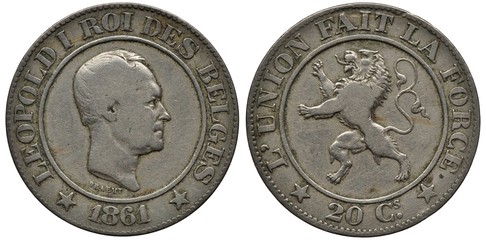 Belgium Belgian coin 20 twenty centimes 1861, head of King Leopold I within central circle, lion on hind legs, denomination below, 