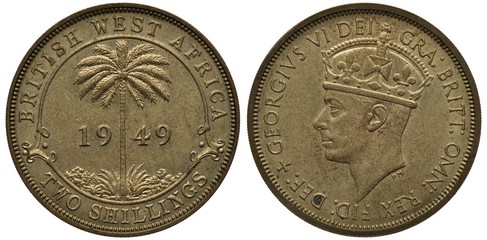 Naklejka premium British West Africa coin 2 two shillings 1949, palm tree divides date, denomination below, head of King George VI left, , first year of issue under name of King George V, value in words around center 