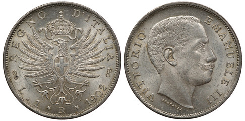 Italy Italian silver coin 1 one lira 1902, crowned eagle with Savoy dynasty shield on chest, head of King Vittorio Emanuele III right,