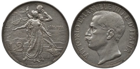 Italy Italian silver coin 2 two lire 1911, subject 50th Anniversary of the Kingdom, two allegorical women in togas, sailing ship left to pedestal, plow at right, head of King Vittorio Emanuele III lef