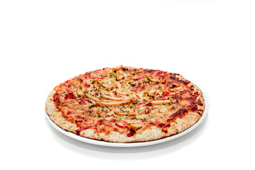 Pizza on a white, isolated background. Pizza with chicken and cheese on a white background. The concept of eating pizza, preparing a quick dish for guests.