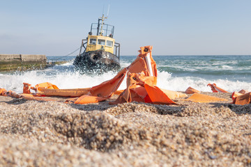 Stranded sea tug on the beach on a spring sunny day