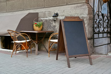 Small pavement cafe. Ukraine. Urban background.