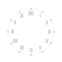 Vintage clock face with Roman numbers. Dots mark minutes and hours. Simple flat vector illustration