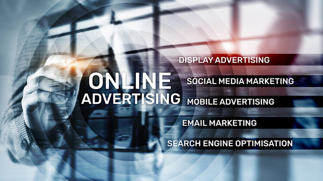 Online Advertising, Digital Marketing. Business And Finance Concept On Virtual Screen.