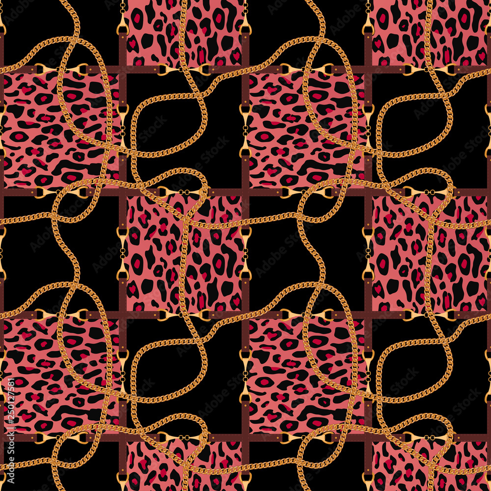 Aufkleber Seamless pattern with belts, chain and texture of leopard skin. Background for for fabric design. Vector.