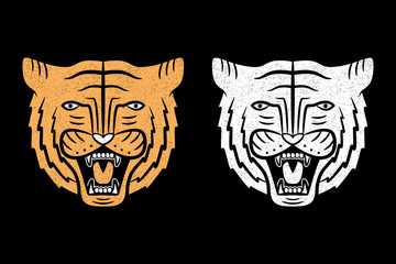 Set of tiger faces. Vintage design of roaring tiger head. Vector illustration.