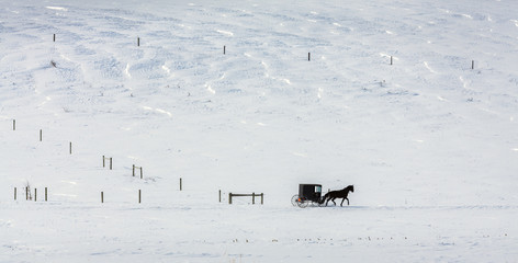 Snow covered landscape, Amish farm country of Mohawk Valley, New York State, USA.