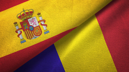 Spain and Romania two flags textile cloth, fabric texture