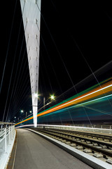 Citadelle Bridge across Bassin Vauban for trams and bicycles. Night view.