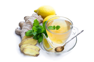 Ginger and lemon drink isolated on white