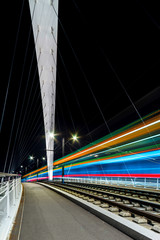 Citadelle Bridge across Bassin Vauban for trams and bicycles. Night view.