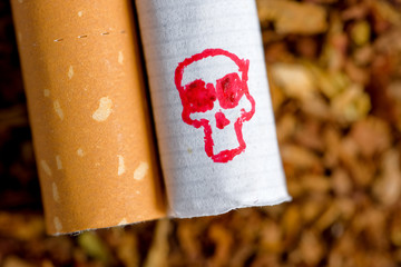 A drawn red skull on a cigarette on a tobacco background.