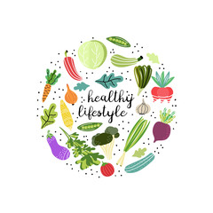 Healthy lifestyle. Vegetables arranged in circle. Concept of fresh and organic products. Isolated cartoon illustration for kid game, book, t-shirt, textile, etc.