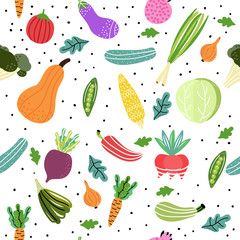 Vegetables and fruits pattern. Modern hand drawn style. Concept of healthy eating and lifestyle. Vector Illustration.