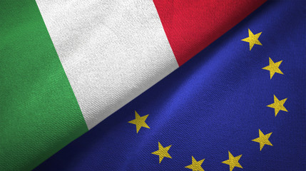 Italy and European Union two flags textile cloth, fabric texture