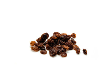 Dried raisins on a white, isolated background. Concept of eating dried grapes, snack eating fruit. Eating dried fruit.