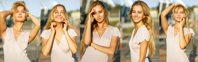 Collage photos of charming model with different emotions posing with evening sun light