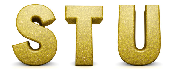 Golden alphabet. Golden glitter, font 3d render, letters S, T, U. (Paths save)