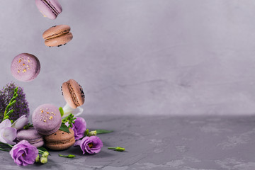 Sweet french macaroons falling in motion on grey background.