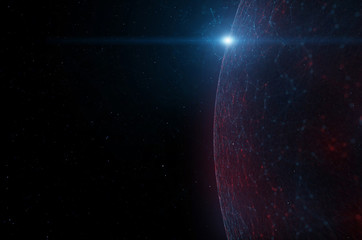 Artistic network cyberspace globe with sunlight flare. 3d illustration background. View from space. 