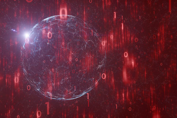 Artistic digital network with red binary numbers and sunny globe. Illustration background.