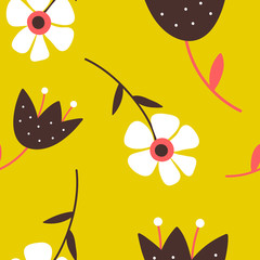 Seamless pattern with blooming flowers on yellow background.