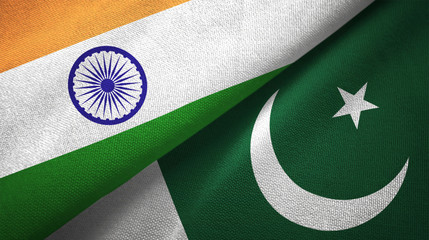 India and Pakistan two flags textile cloth, fabric texture - obrazy, fototapety, plakaty
