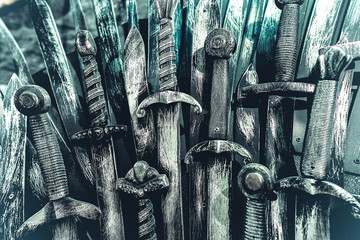 Metal knight swords background. Close up. The concept Knights.