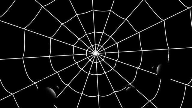 concentric cobwebs on a black background, three spiders crawling towards the center