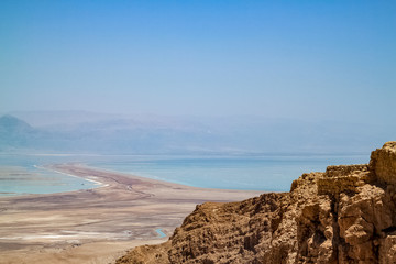 Fototapeta na wymiar View of the Judaen Desert, Dead Sea, and Jordanian Mountains, seen from Masada Fortress