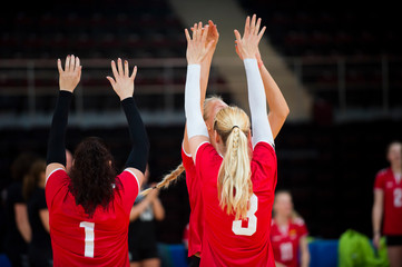 Volleyball players celebrating victory