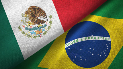 Mexico and Brazil two flags textile cloth, fabric texture